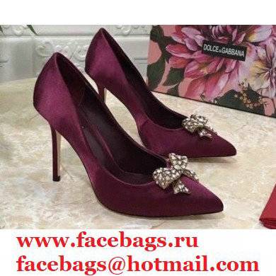 Dolce & Gabbana Heel 10.5cm Satin Pumps Burgundy with Crystal Bow 2021 - Click Image to Close